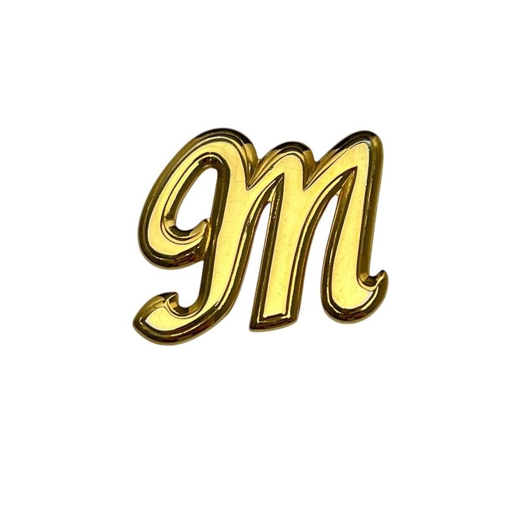 Vintage Gold Tone Monogram Brooch Cursive Initial Letter M Shiny Finish Pin
